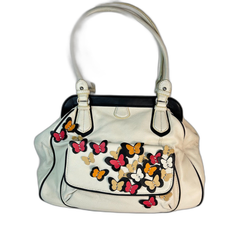 Frosting by Mary Norton Ivory Leather Colorful Butterfly Applique Shoulder Bag